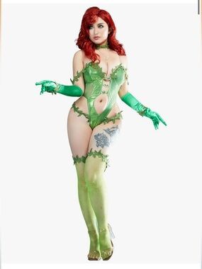 Green Poison Ivy-Inspired Lace Up Bodysuit with Gloves & Stockings XS/S